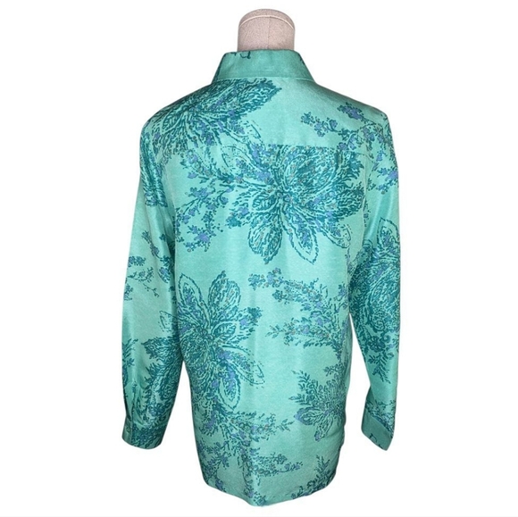 c.l.o.t.h.e.s Silk Floral Blouse Green Blue Button Down Long Sleeve Shirt S - Picture 3 of 6